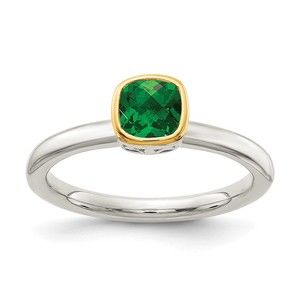 925 Sterling Silver w 14K Accent  Cushion-cut Created Green Emerald Ring 7